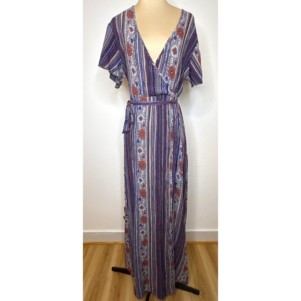Patrons of Peace Womens Dress Boho Festival Floral Wrap Maxi M Blue Rust